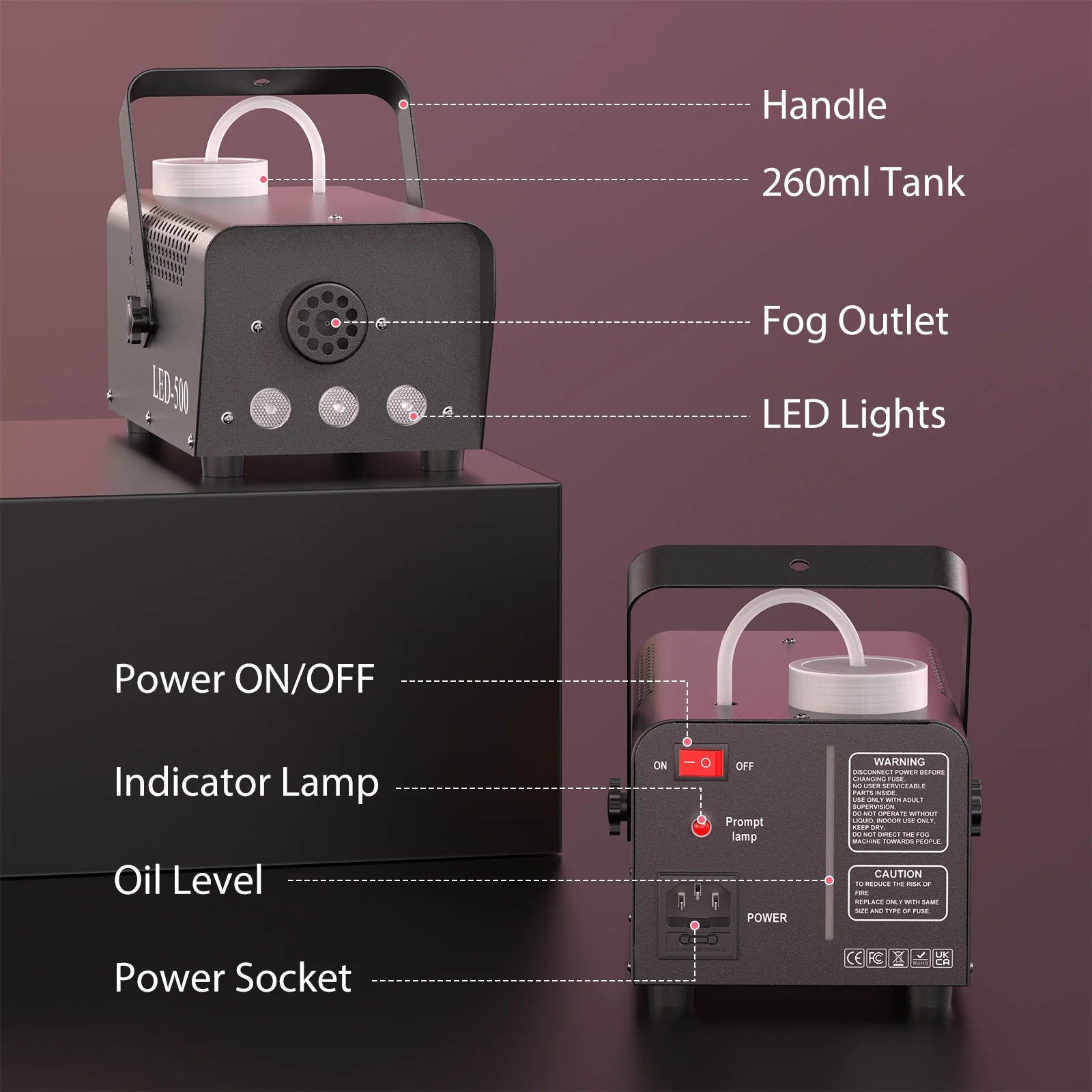 Rökmaskin 500W – med Fjärrkontroll och LED lampor